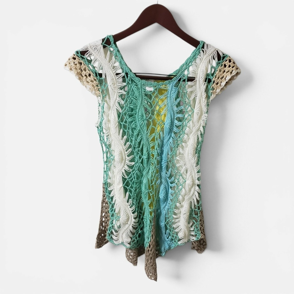 Vivid‎ Collection Asymmetric Crochet Knit Colorblock Top Boho Fairy Hippie Large